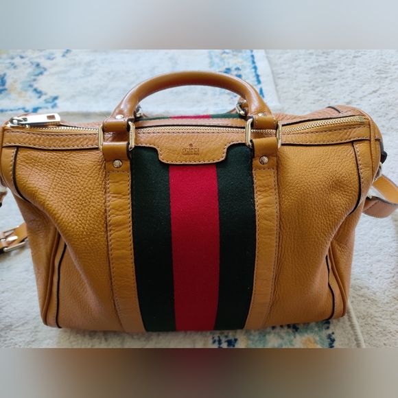 Gucci Tan Leather Tote Bag with Red and Green Stripe - Picture 12 of 16